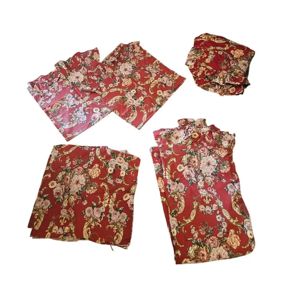 Vintage 90s Ralph Lauren Red Floral Ruffled Sheet Set King Marseilles Danielle